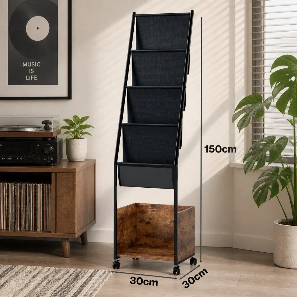 4TierVinylRecordStorageStandWithNonWovenDrawersBottomShelfBrownBlack