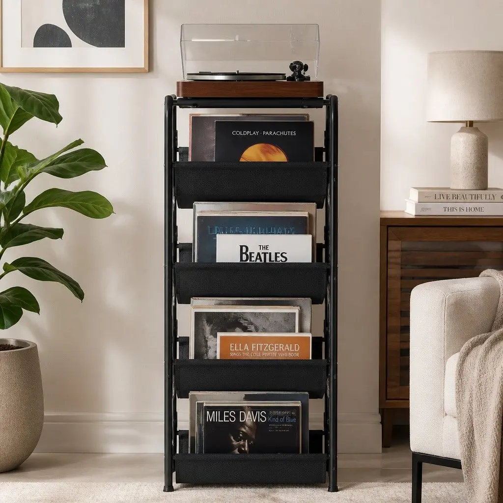 4TierVinylRecordStorageStandWithNonWovenDrawersBottomShelfBrownBlack