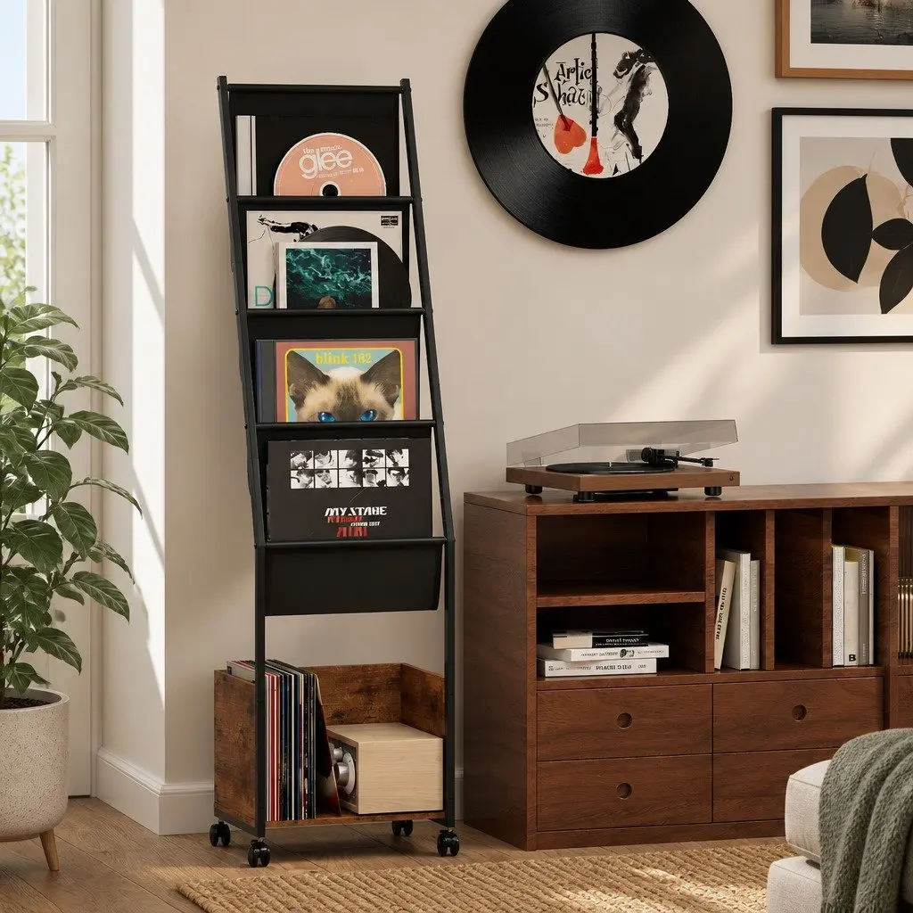 4TierVinylRecordStorageStandWithNonWovenDrawersBottomShelfBrownBlack