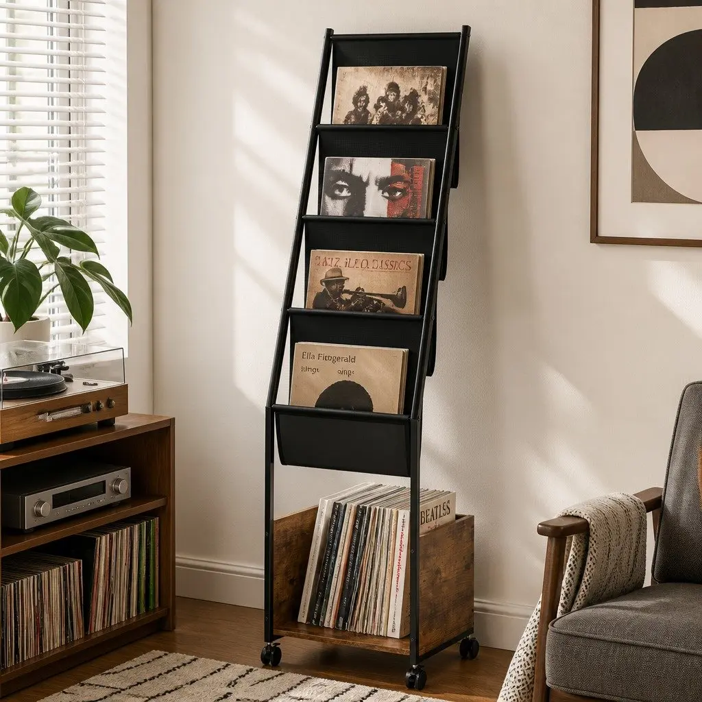 4TierVinylRecordStorageStandWithNonWovenDrawersBottomShelfBrownBlack