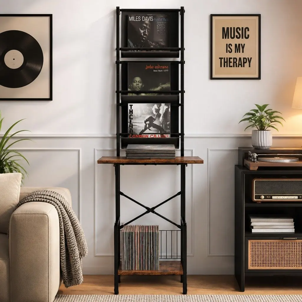 Tall Record Player Stand Particleboard and Steel 50cm x 39cm x 144cm Brown and Black