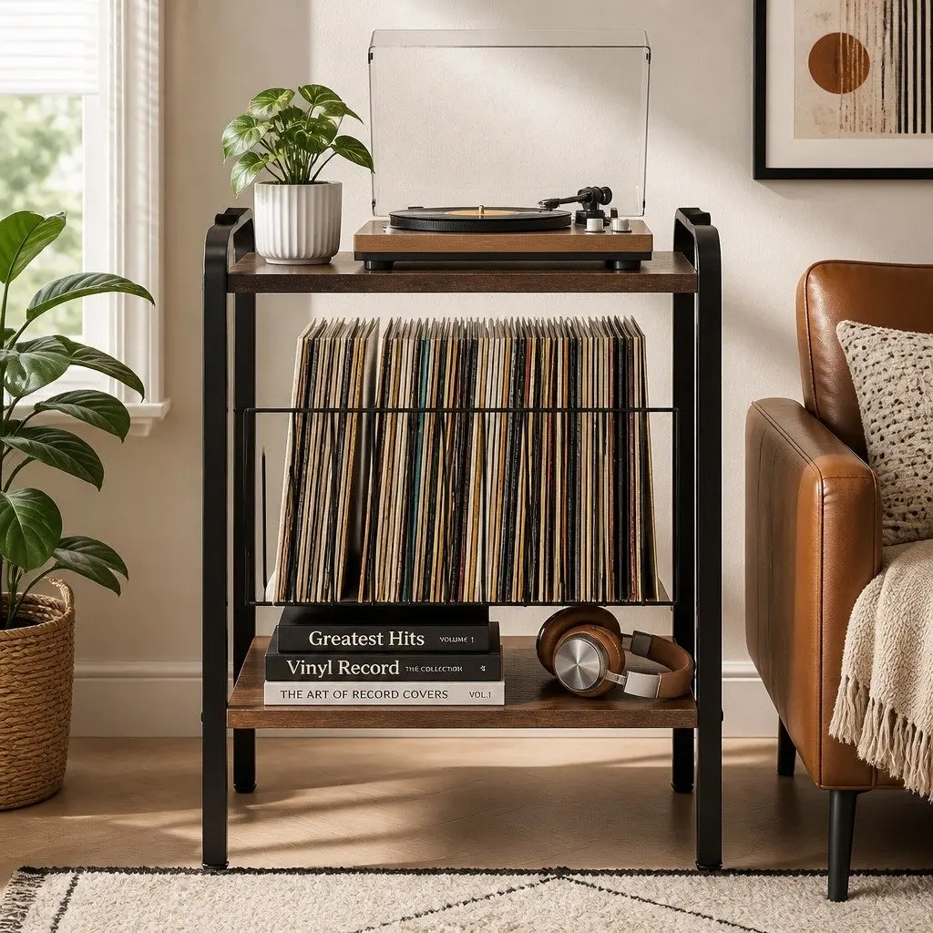 Tall Record Player Stand Particleboard and Steel 50cm x 39cm x 144cm Brown and Black