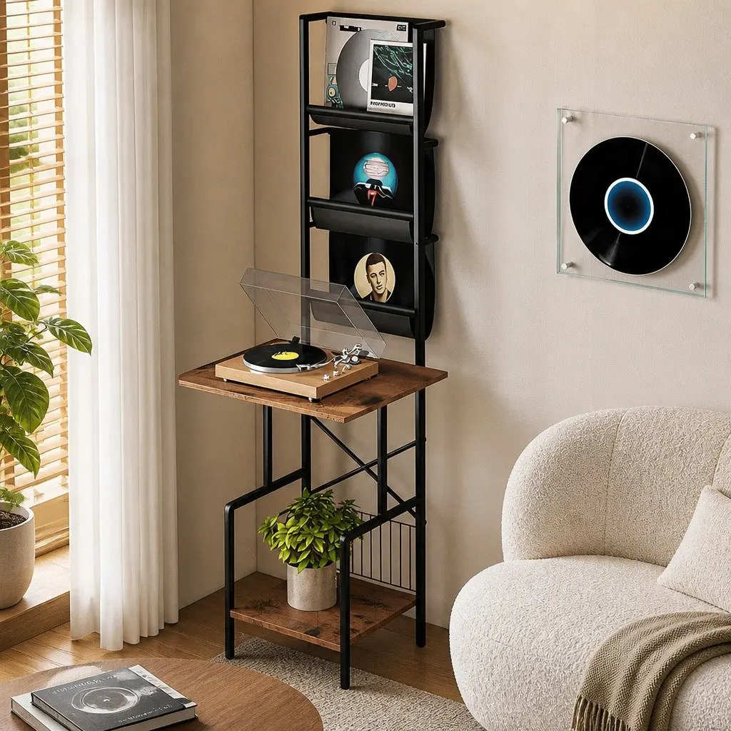 Tall Record Player Stand Particleboard and Steel 50cm x 39cm x 144cm Brown and Black
