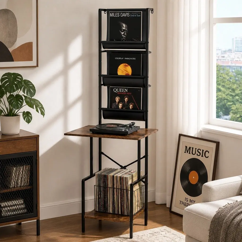 Tall Record Player Stand Particleboard and Steel 50cm x 39cm x 144cm Brown and Black