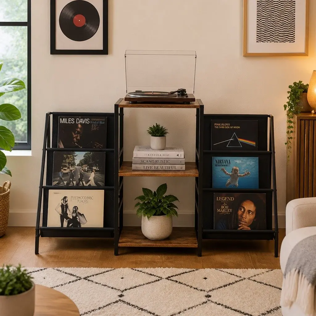 Record Player Stand Vinyl Storage Turntable Shelf Steel E1 Particle Board Brown and Black 125cm L x 30cm W x 74cm H