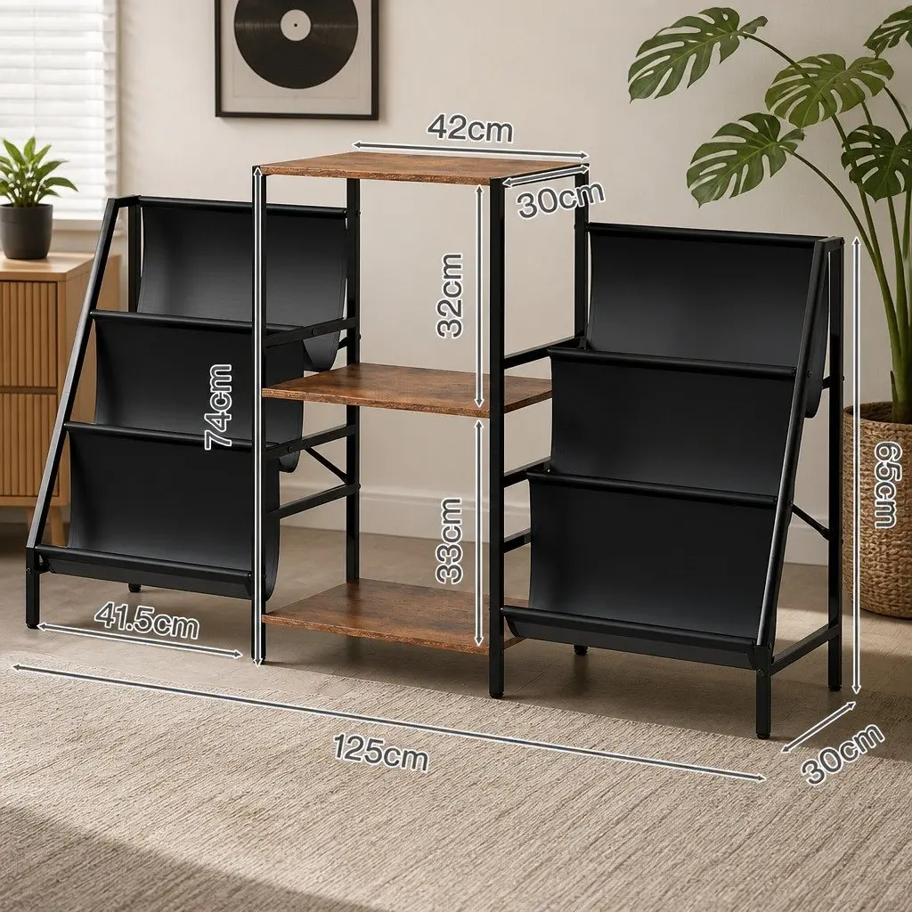 Record Player Stand Vinyl Storage Turntable Shelf Steel E1 Particle Board Brown and Black 125cm L x 30cm W x 74cm H