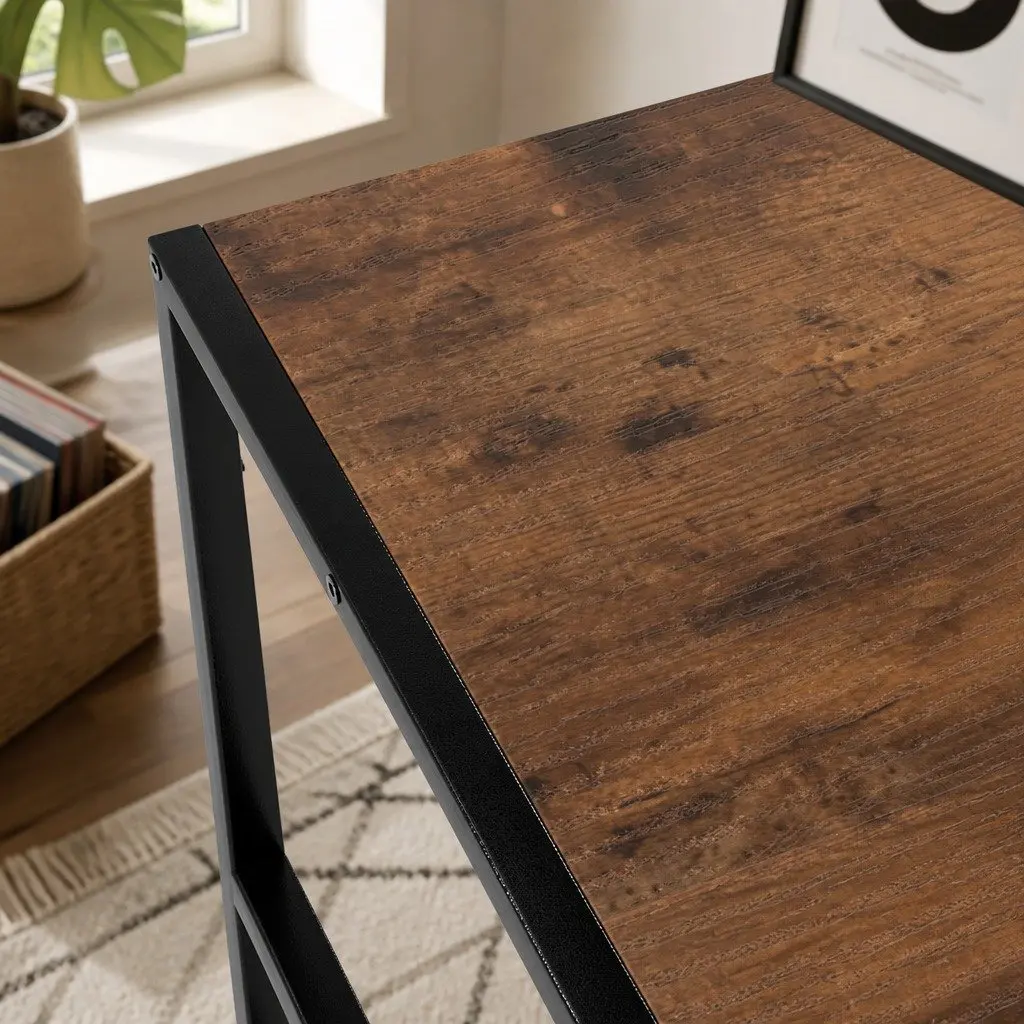 Record Player Stand Vinyl Storage Turntable Shelf Steel E1 Particle Board Brown and Black 125cm L x 30cm W x 74cm H