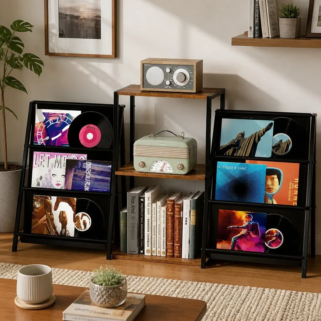 Record Player Stand Vinyl Storage Turntable Shelf Steel E1 Particle Board Brown and Black 125cm L x 30cm W x 74cm H