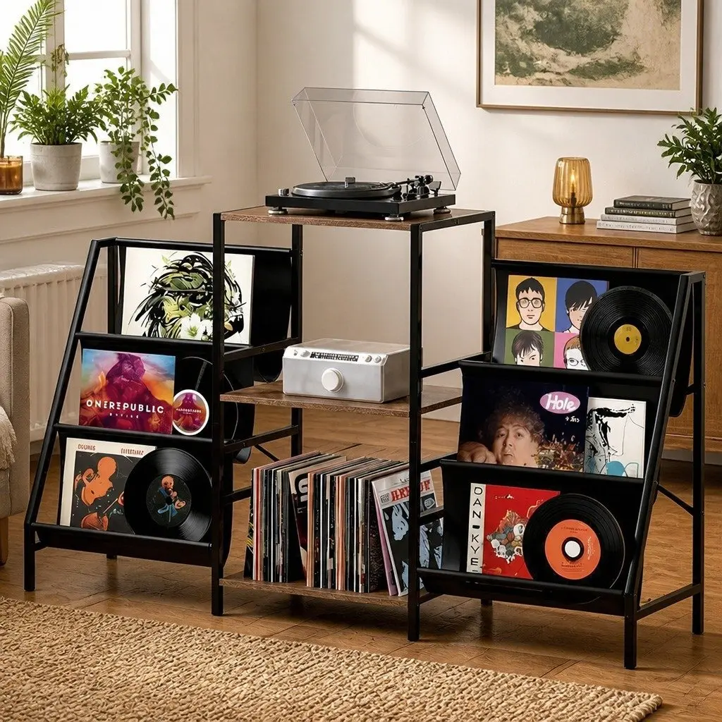 Record Player Stand Vinyl Storage Turntable Shelf Steel E1 Particle Board Brown and Black 125cm L x 30cm W x 74cm H
