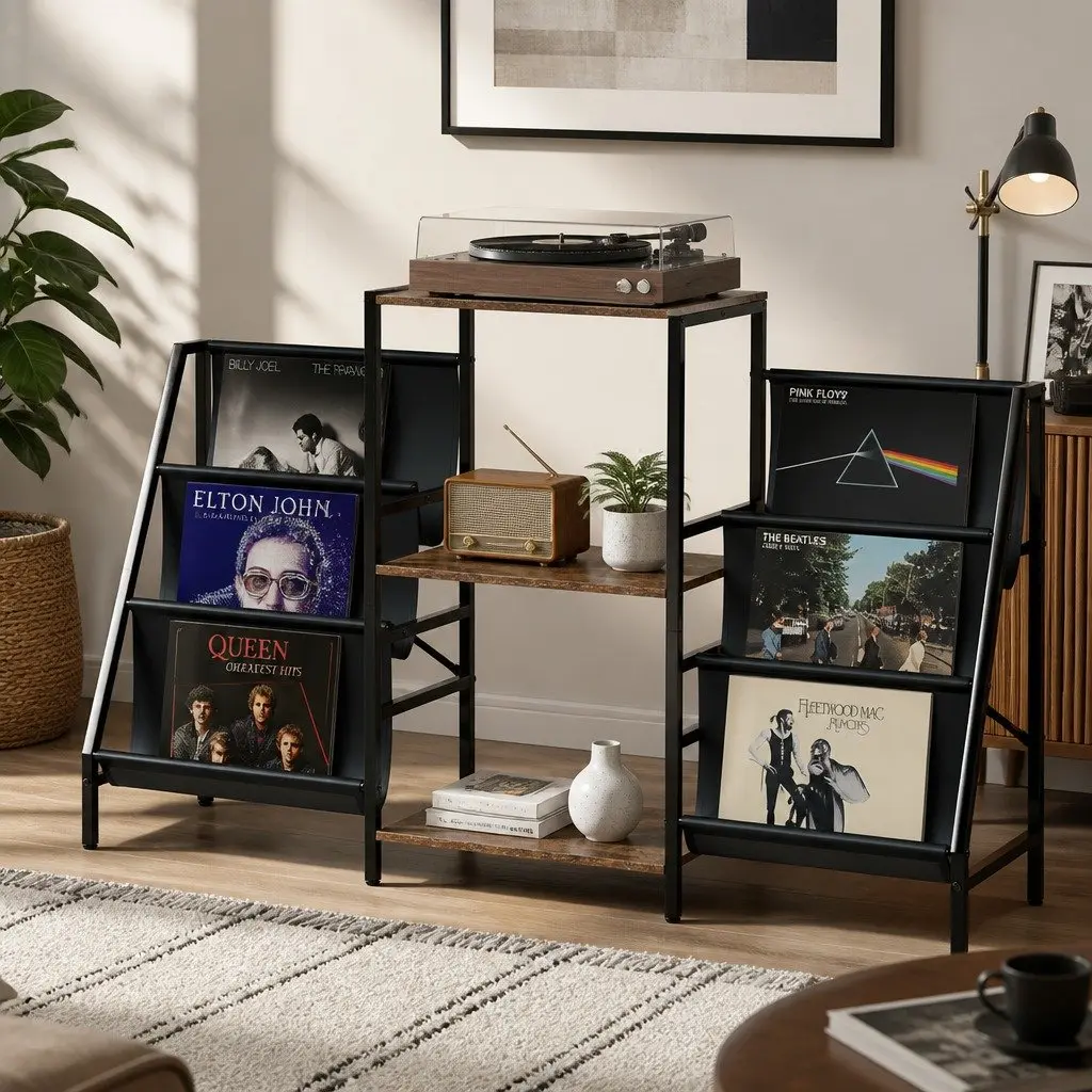 Record Player Stand Vinyl Storage Turntable Shelf Steel E1 Particle Board Brown and Black 125cm L x 30cm W x 74cm H