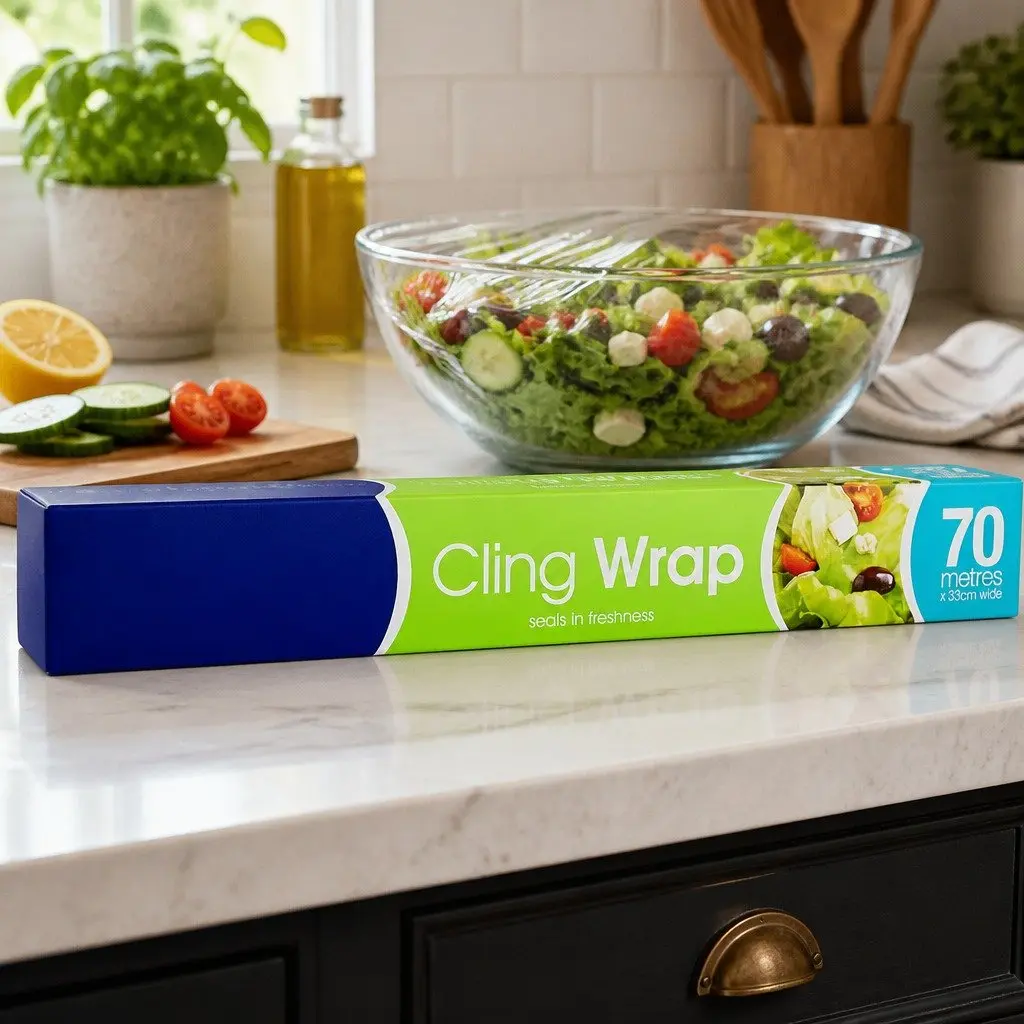 Transparent Cling Wrap Food Storage Film Roll 70m Flexible Strong Kitchen Use 3 Pack