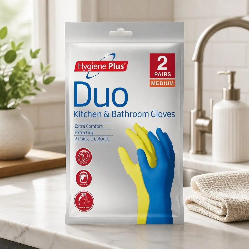 Kitchen and Bathroom Gloves Medium Waterproof Latex Rubber Blend 2 Pack