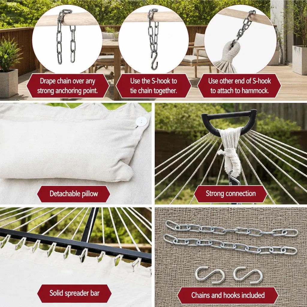 Hammock Bed Portable Hanging Chair Polyester Cotton Blend 343cm x 140cm Cream