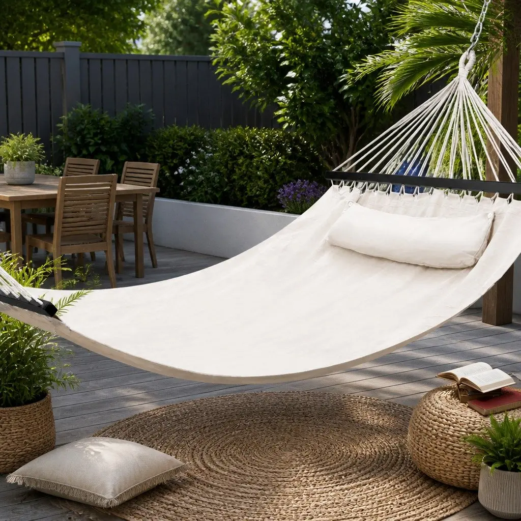 Hammock Bed Portable Hanging Chair Polyester Cotton Blend 343cm x 140cm Cream