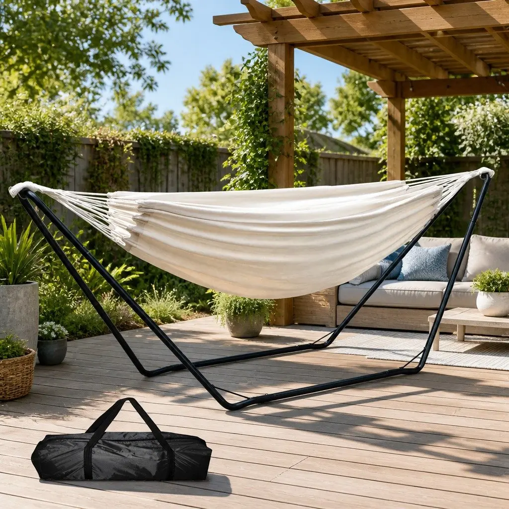 Hammock Bed Portable Steel Frame 300cm Cream Indoor Outdoor Relaxation