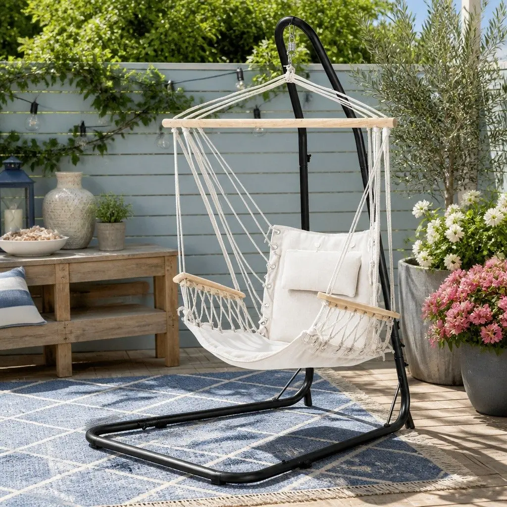 Hammock Chair Steel Frame Adjustable Height Indoor Outdoor Cream Black