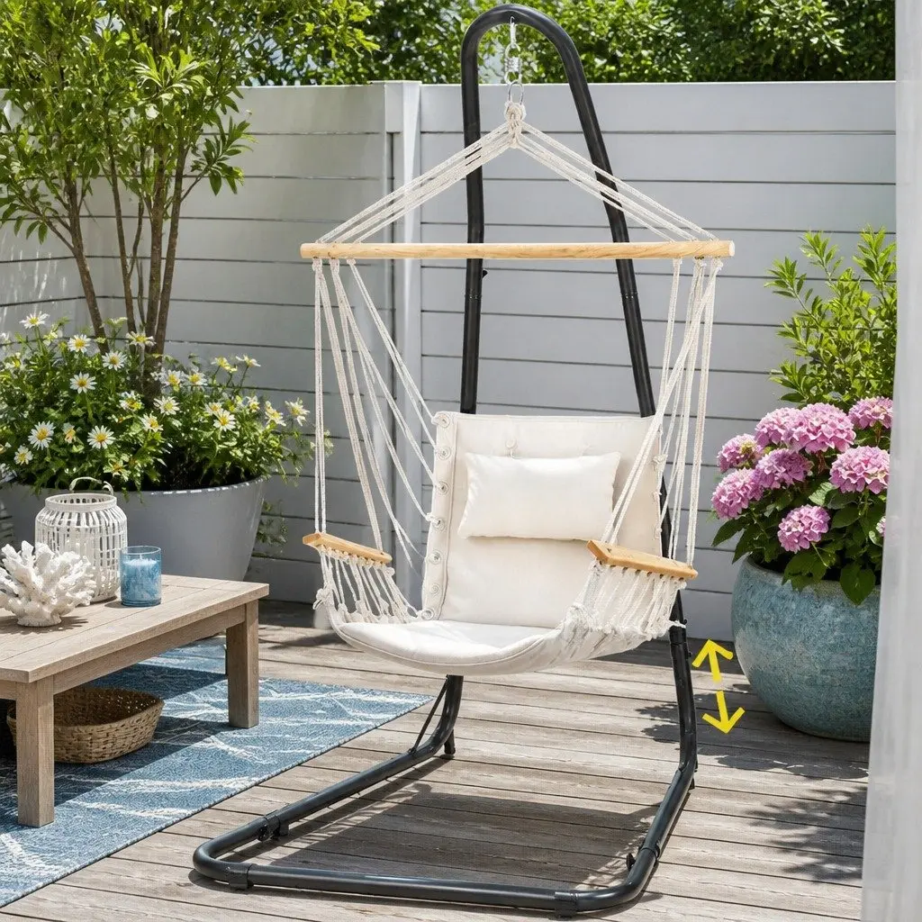 Hammock Chair Steel Frame Adjustable Height Indoor Outdoor Cream Black