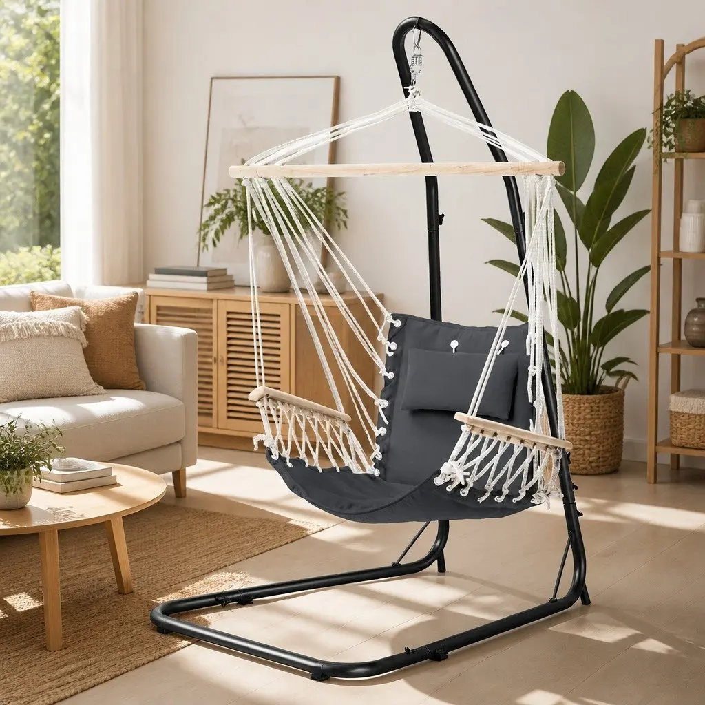 Hammock Chair Steel Stand Adjustable Height Indoor Outdoor Relaxation Seat Black Grey