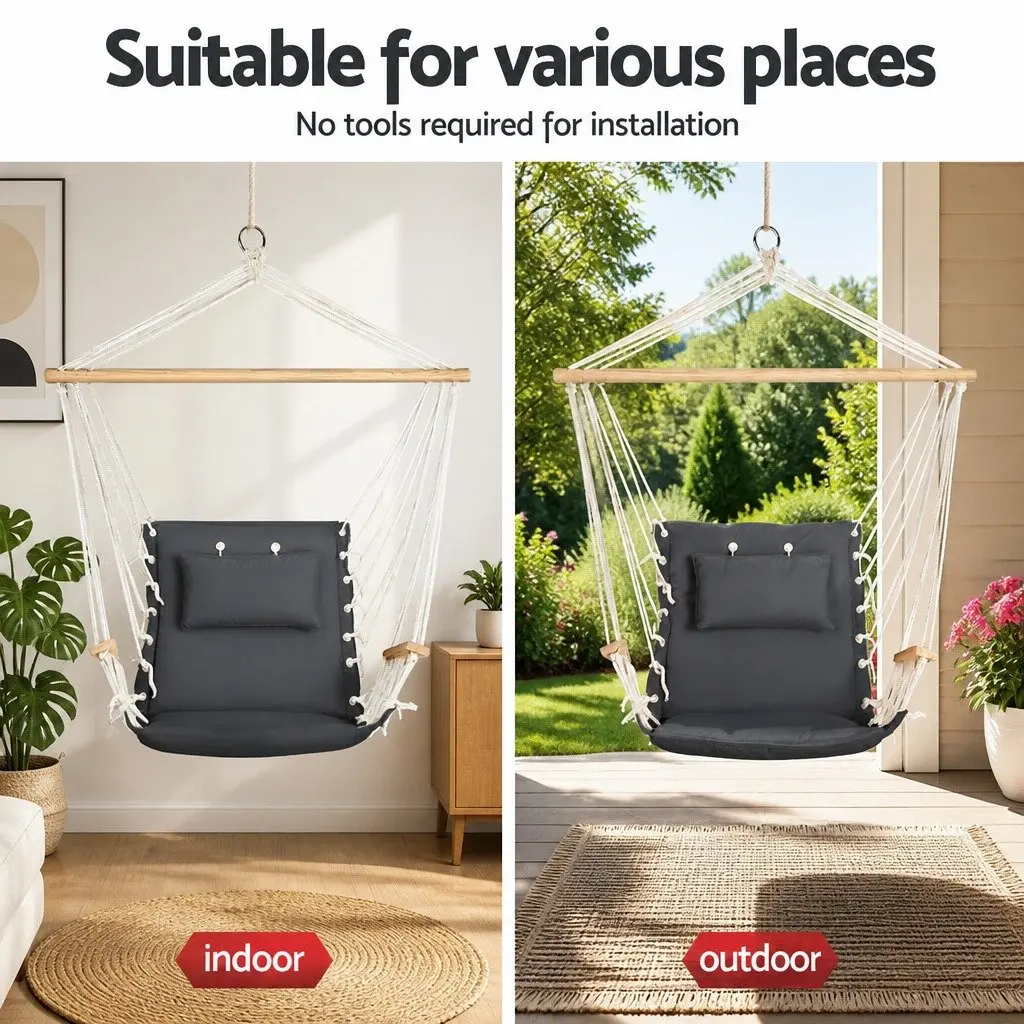 Hammock Chair Steel Stand Adjustable Height Indoor Outdoor Relaxation Seat Black Grey