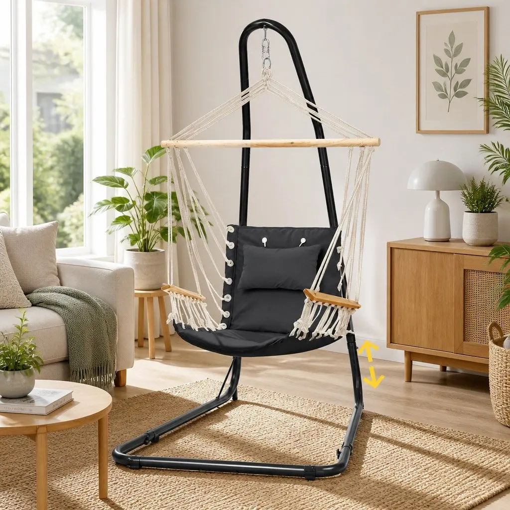 Hammock Chair Steel Stand Adjustable Height Indoor Outdoor Relaxation Seat Black Grey