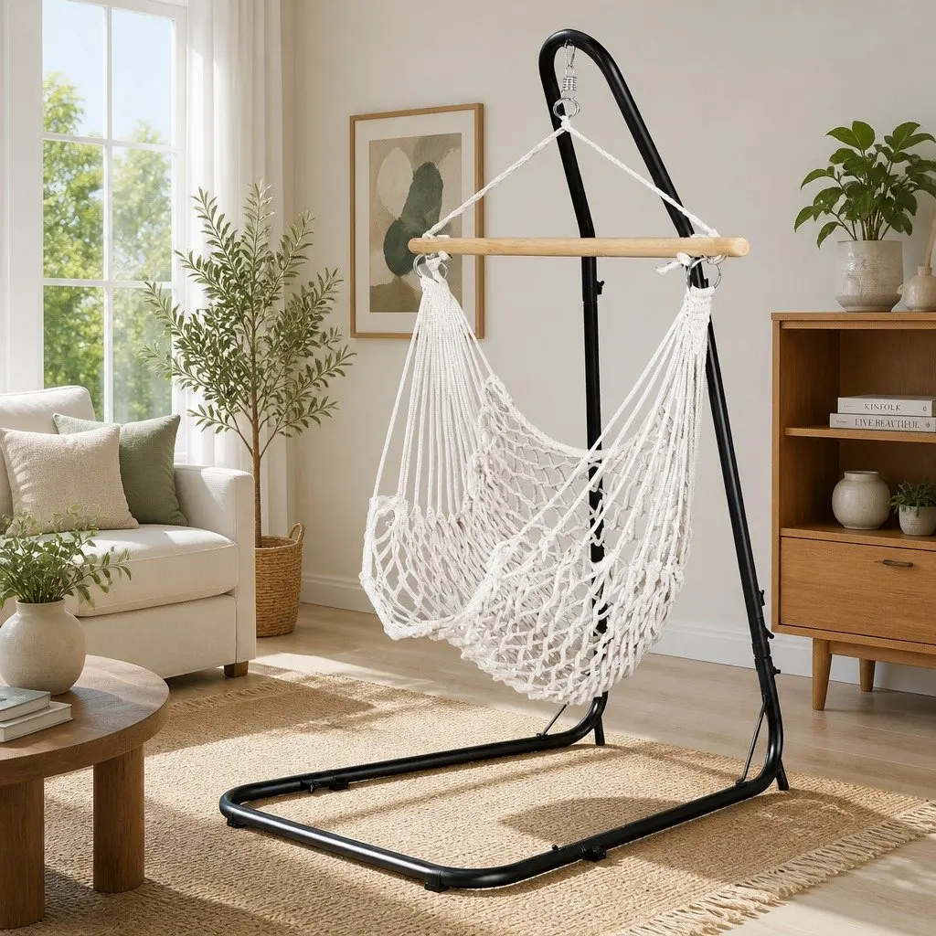 Hammock Hanging Chair Cotton Rope with Powder Coated Steel Stand 99.5 x 114cm Cream Black