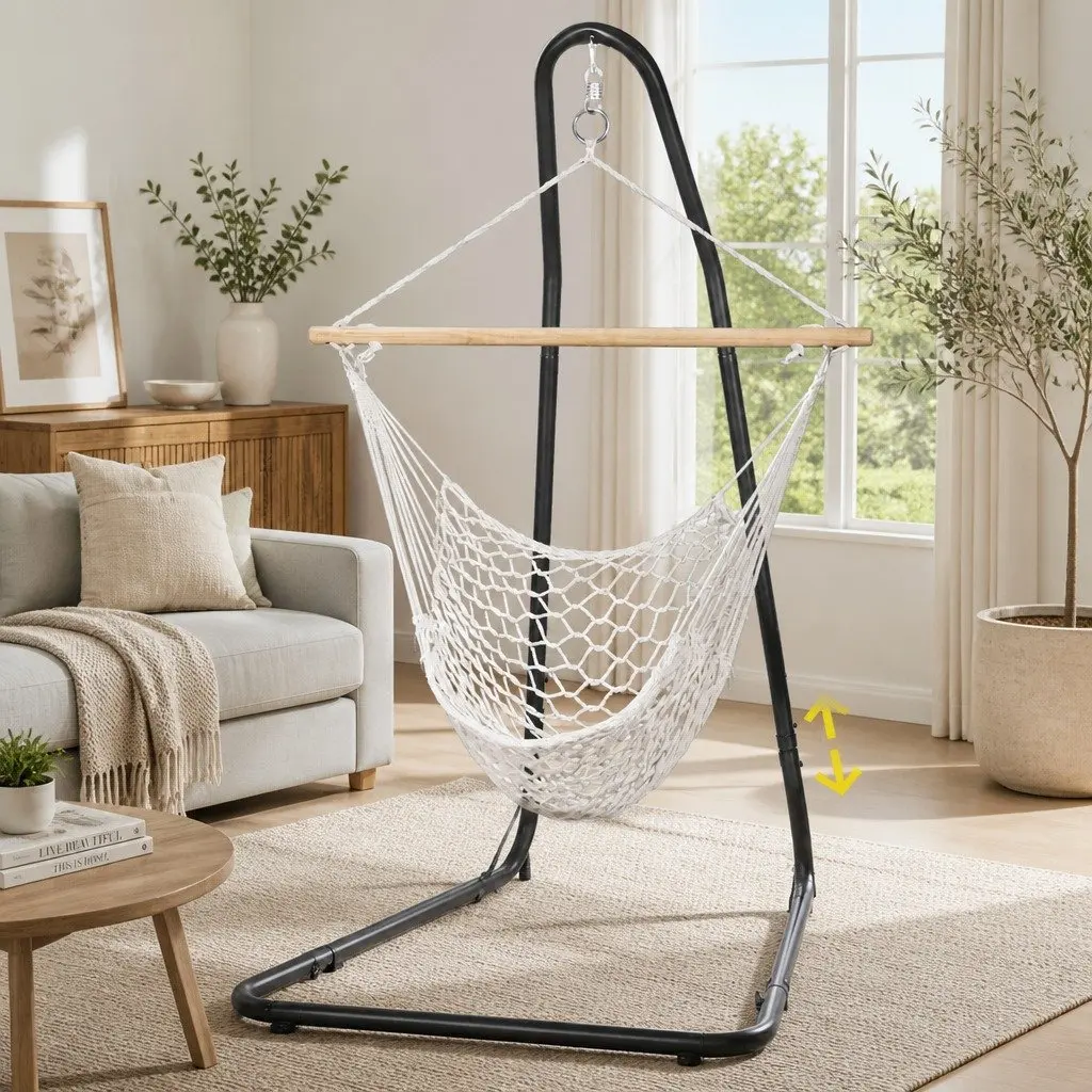 Hammock Hanging Chair Cotton Rope with Powder Coated Steel Stand 99.5 x 114cm Cream Black
