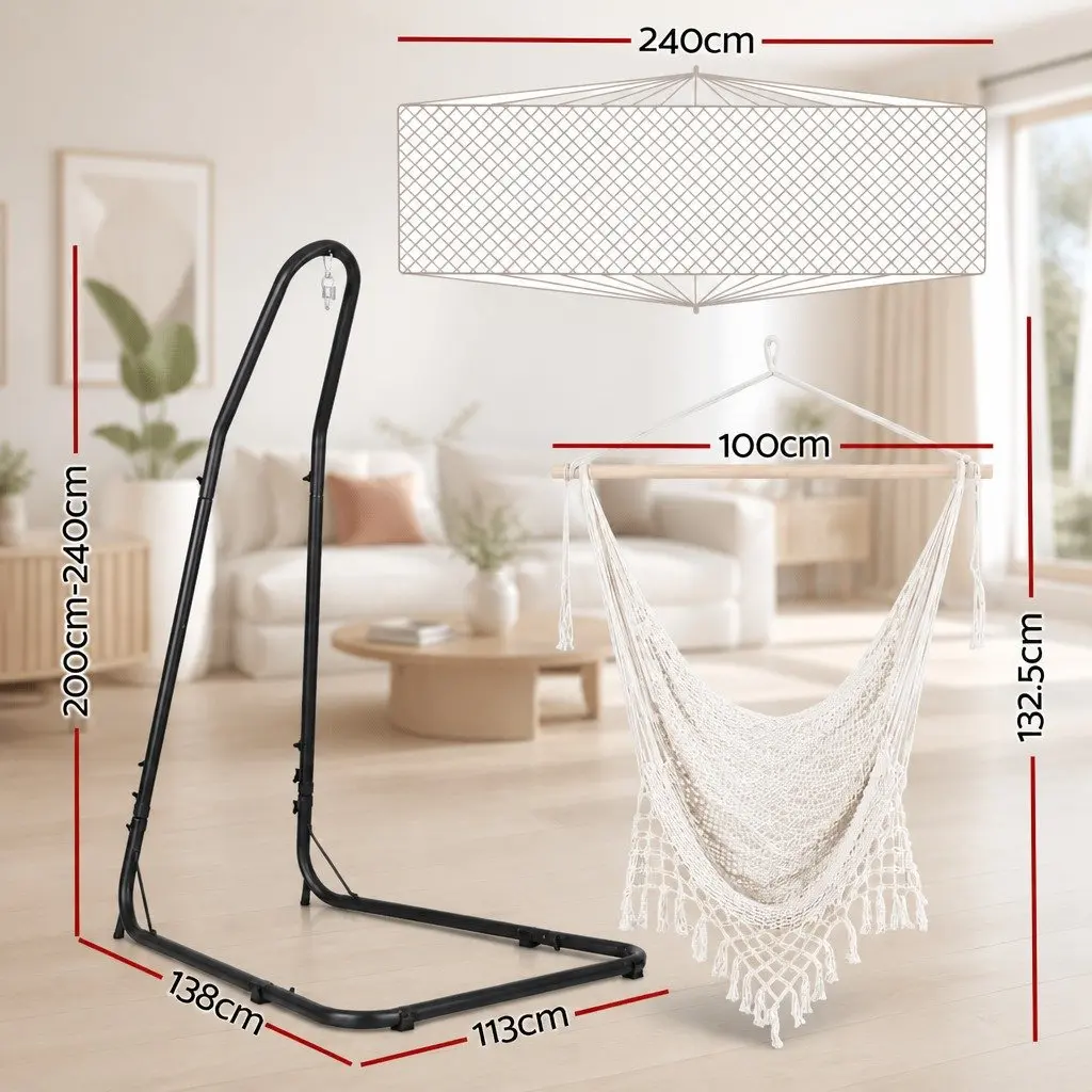 Hammock Hanging Chair Cotton and Wood Blend Fabric with Powder-coated Steel Stand 240cm x 100cm Cream Black