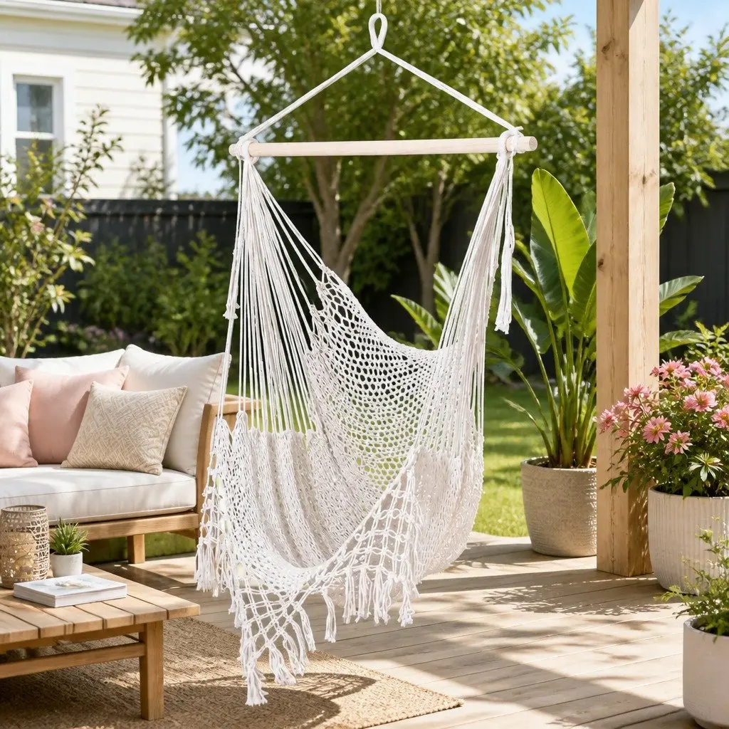 Hammock Chair Cotton Blend Cream Indoor Outdoor Lightweight Portable No Assembly