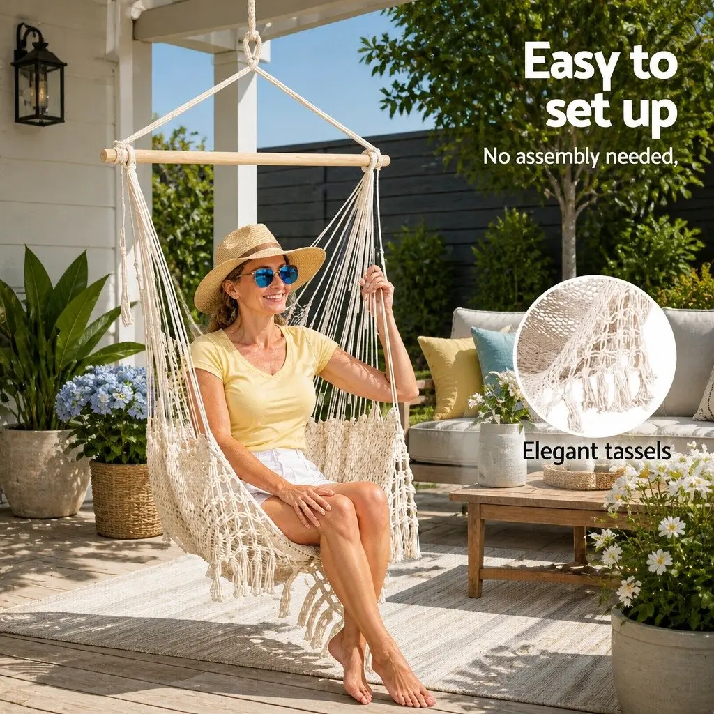 Hammock Chair Cotton Blend Cream Indoor Outdoor Lightweight Portable No Assembly
