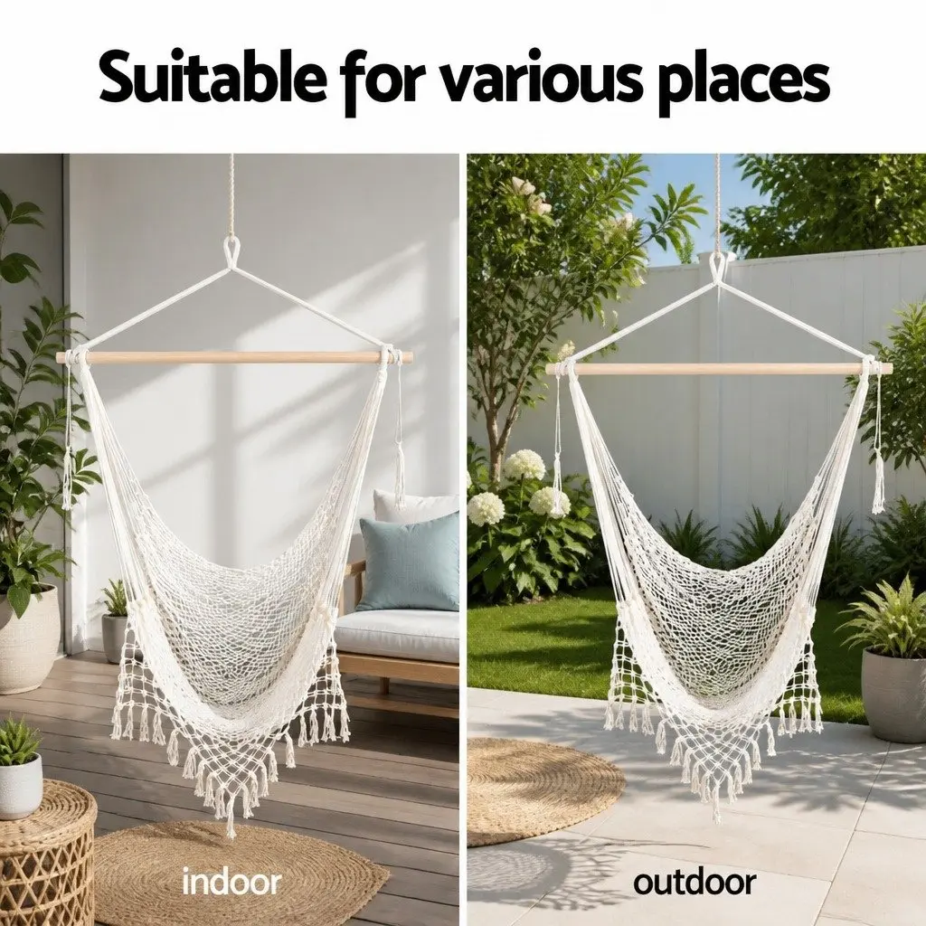 Hammock Chair Cotton Blend Cream Indoor Outdoor Lightweight Portable No Assembly