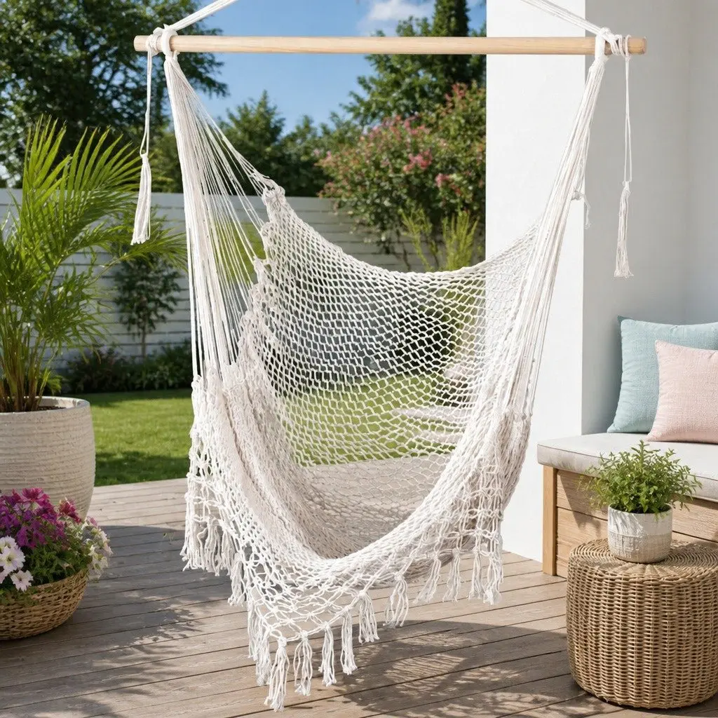 Hammock Chair Cotton Blend Cream Indoor Outdoor Lightweight Portable No Assembly