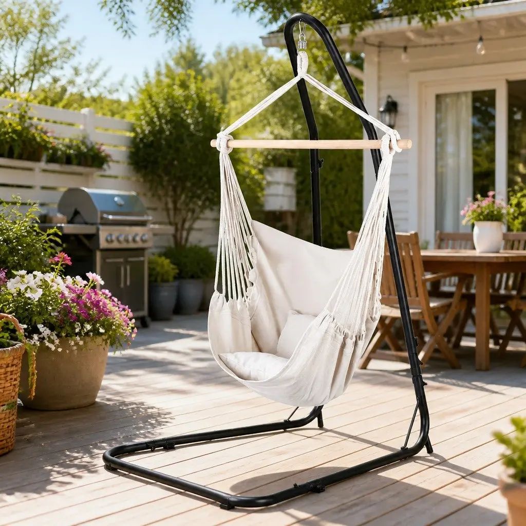 Hammock Chair Powder-coated Steel Frame Adjustable Height Indoor Outdoor Cream Black