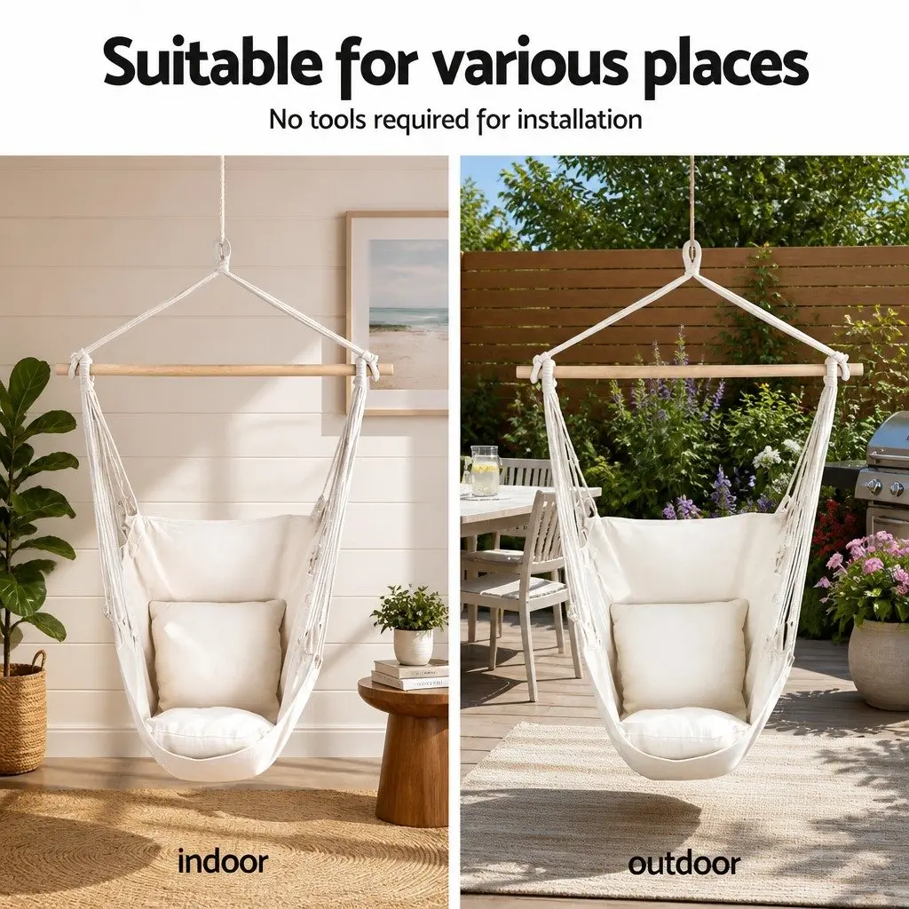 Hammock Chair Powder-coated Steel Frame Adjustable Height Indoor Outdoor Cream Black