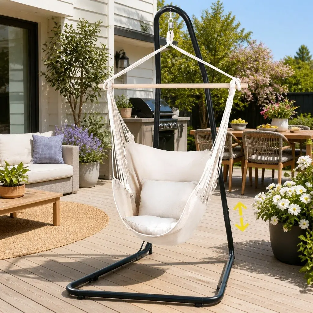 Hammock Chair Powder-coated Steel Frame Adjustable Height Indoor Outdoor Cream Black