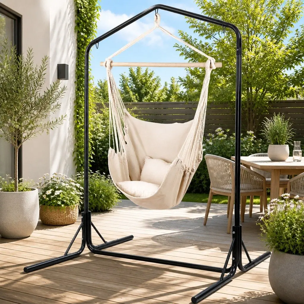 Hammock Chair with Stand Polyester Cotton Blend 100 x 45 x 145cm Cream Colour