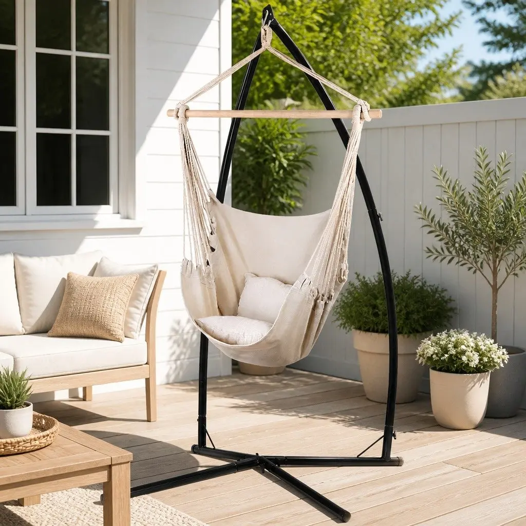 Hammock Chair Outdoor Camping Hanging with Steel Stand Cream Relaxation