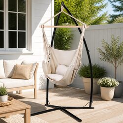 Hammock Chair Outdoor Camping Hanging with Steel Stand Cream Relaxation
