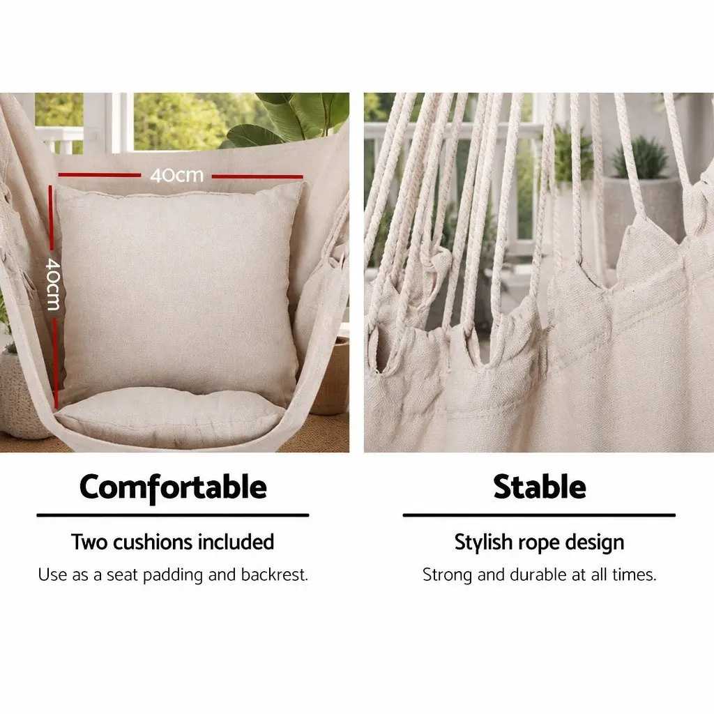 Hammock Chair Outdoor Polyester Cotton Blend Cream with Powder Coated Steel Stand 100cm x 45cm x 145cm