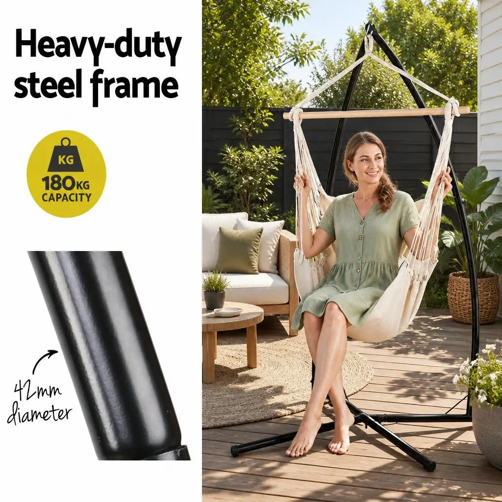 Hammock Chair Outdoor Polyester Cotton Blend Cream with Powder Coated Steel Stand 100cm x 45cm x 145cm
