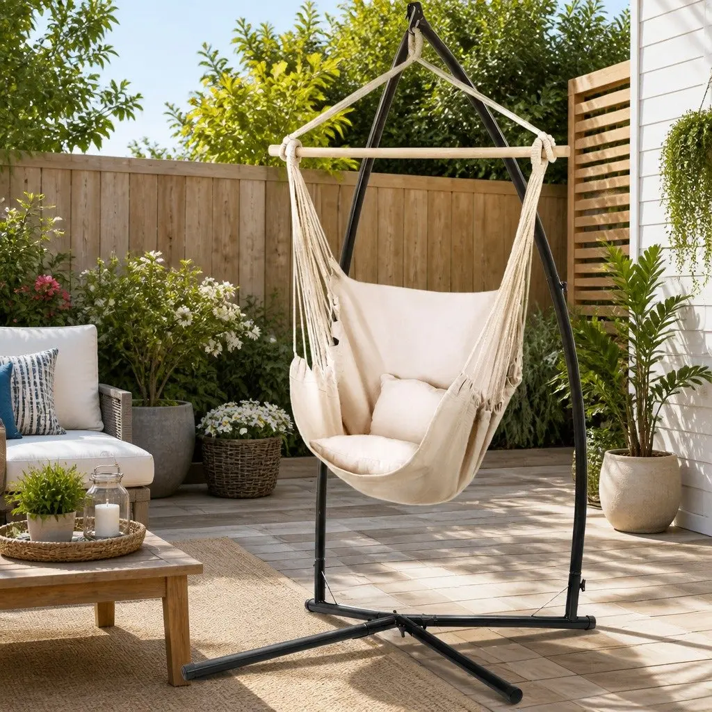 Hammock Chair Outdoor Polyester Cotton Blend Cream with Powder Coated Steel Stand 100cm x 45cm x 145cm