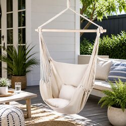 Hammock Chair Outdoor Hanging with Cushions Cream Patio Garden Relaxation Seat