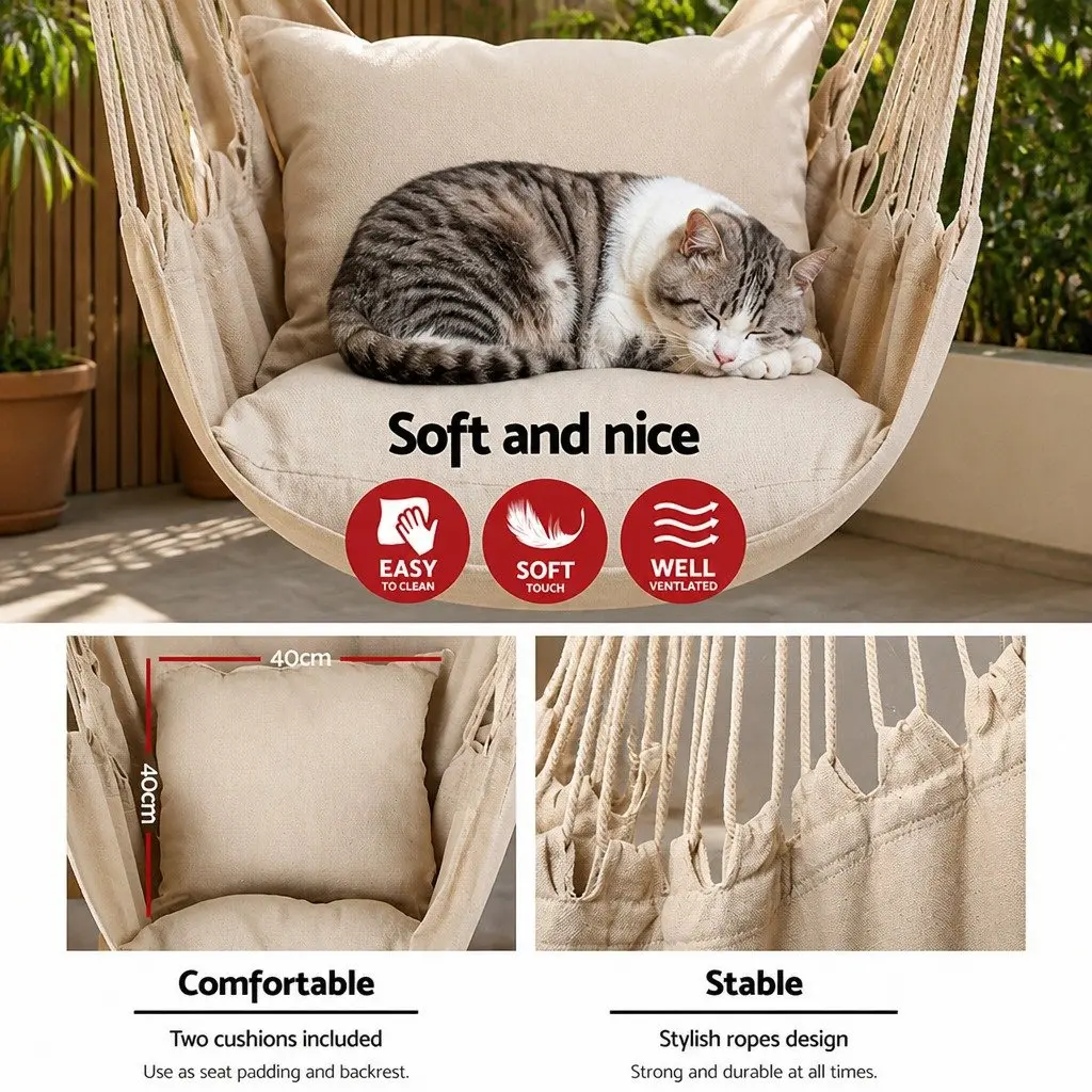 Hammock Chair Outdoor Polyester Cotton Blend 100cm x 145cm Cream with Cushions