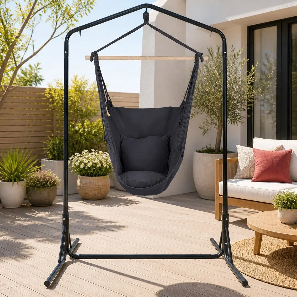 Hammock Chair with Stand Polyester Cotton Blend Grey Outdoor Furniture