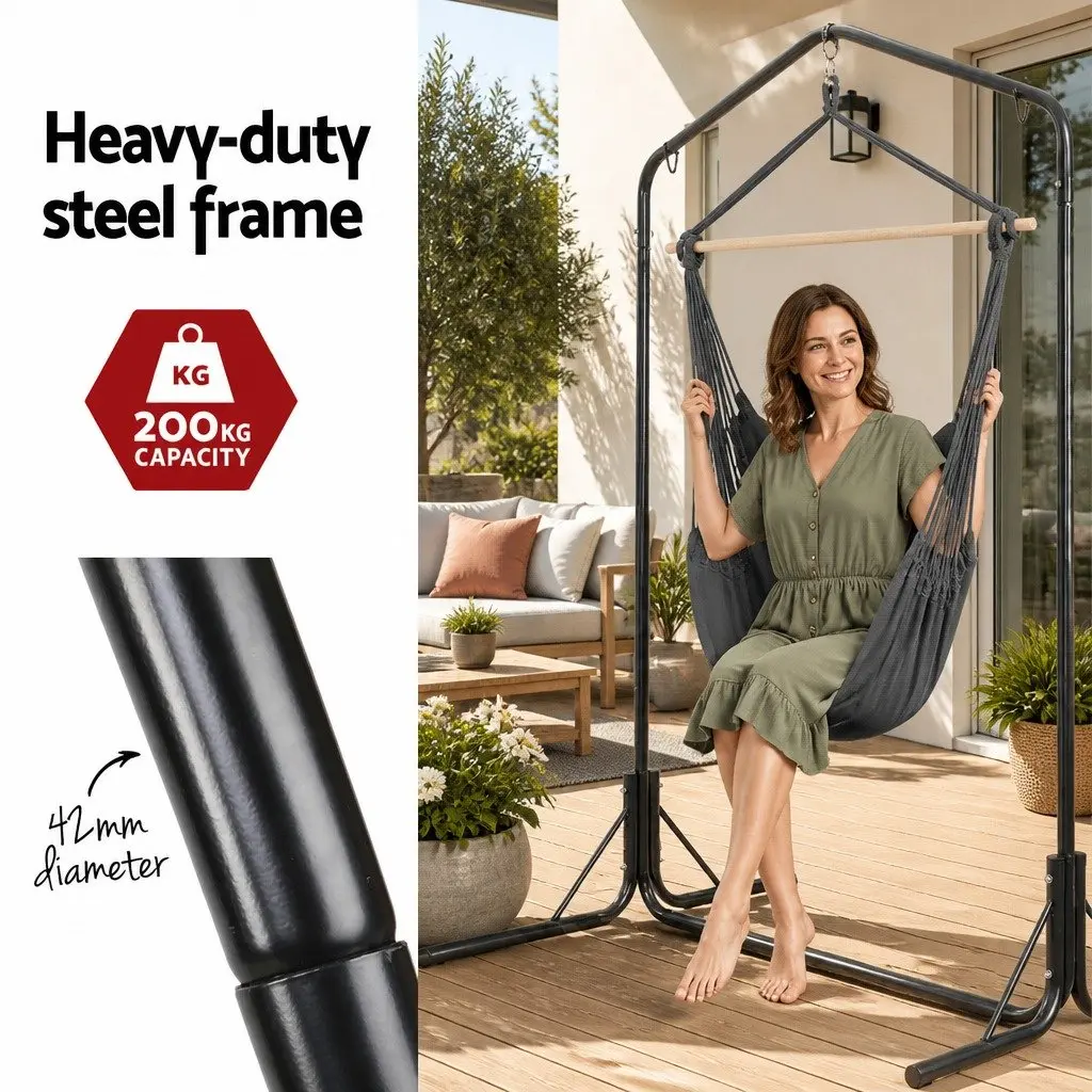 Hammock Chair with Stand Polyester Cotton Blend Grey Outdoor Furniture