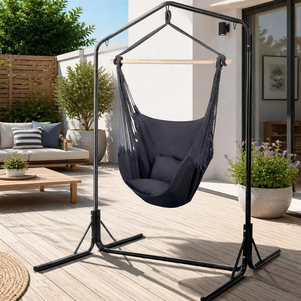 Hammock Chair with Stand Polyester Cotton Blend Grey Outdoor Furniture