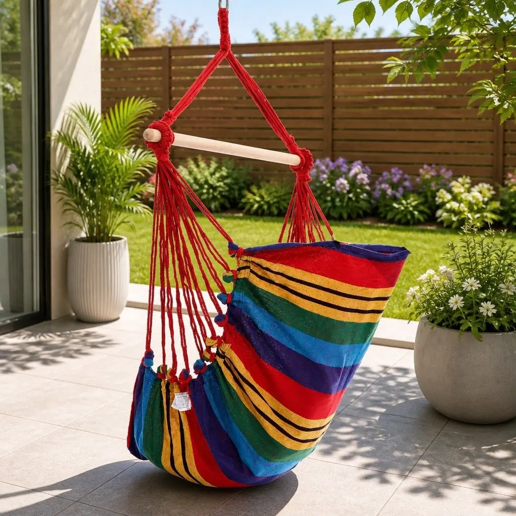 Hammock Chair Outdoor Camping Hanging Rainbow Cushion Pillow Relaxation Backyard