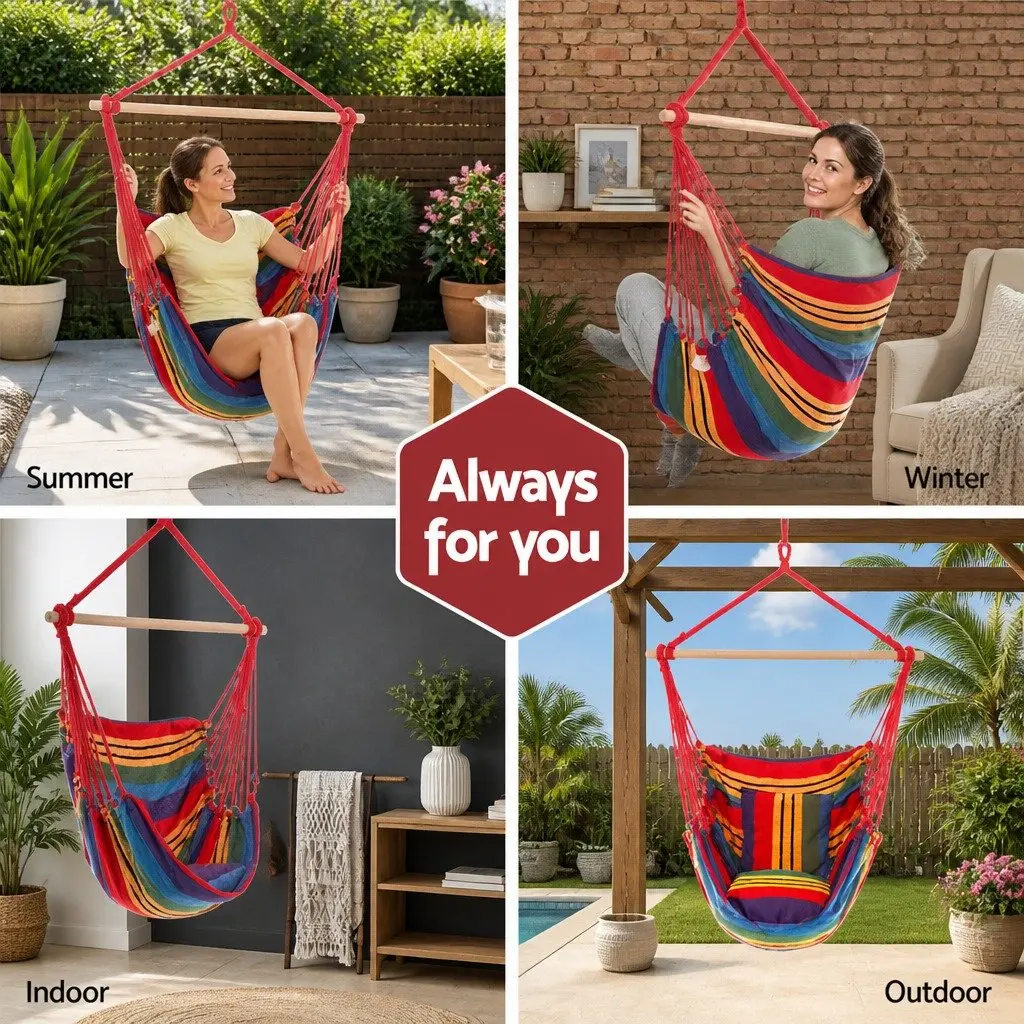 Hammock Chair Outdoor Camping Hanging Rainbow Cushion Pillow Relaxation Backyard
