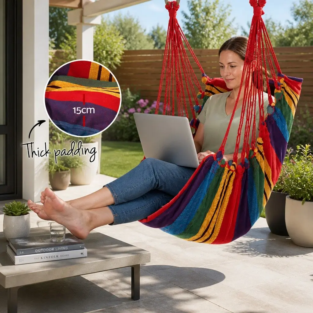 Hammock Chair Outdoor Camping Hanging Rainbow Cushion Pillow Relaxation Backyard