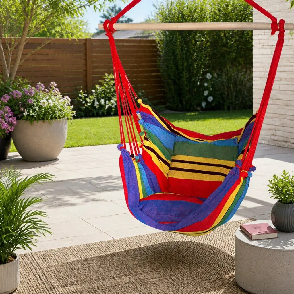 Hammock Chair Outdoor Camping Hanging Rainbow Cushion Pillow Relaxation Backyard