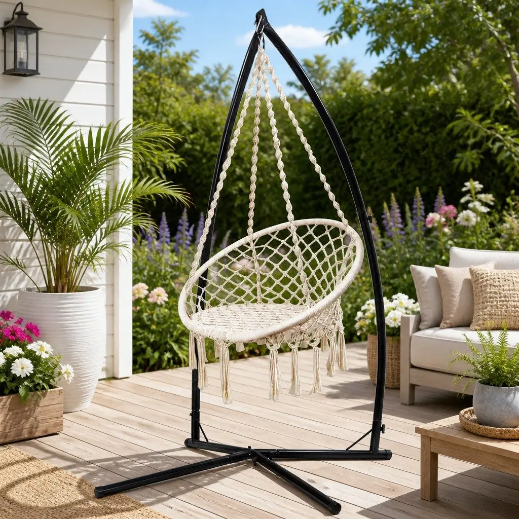 Hammock Chair Macrame Cream with Steel Stand Outdoor Swinging Relaxation Seat 60cm